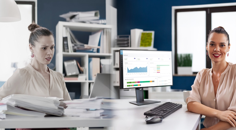 Split image of an office worker. On the left, a stressed woman sits at a cluttered desk with stacks of paperwork. On the right, the same woman appears calm and smiling at a tidy desk with a computer displaying organized digital dashboards and charts.