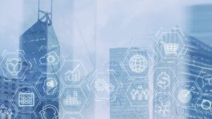 Abstract visualization of interconnected business systems representing organizational risk and governance