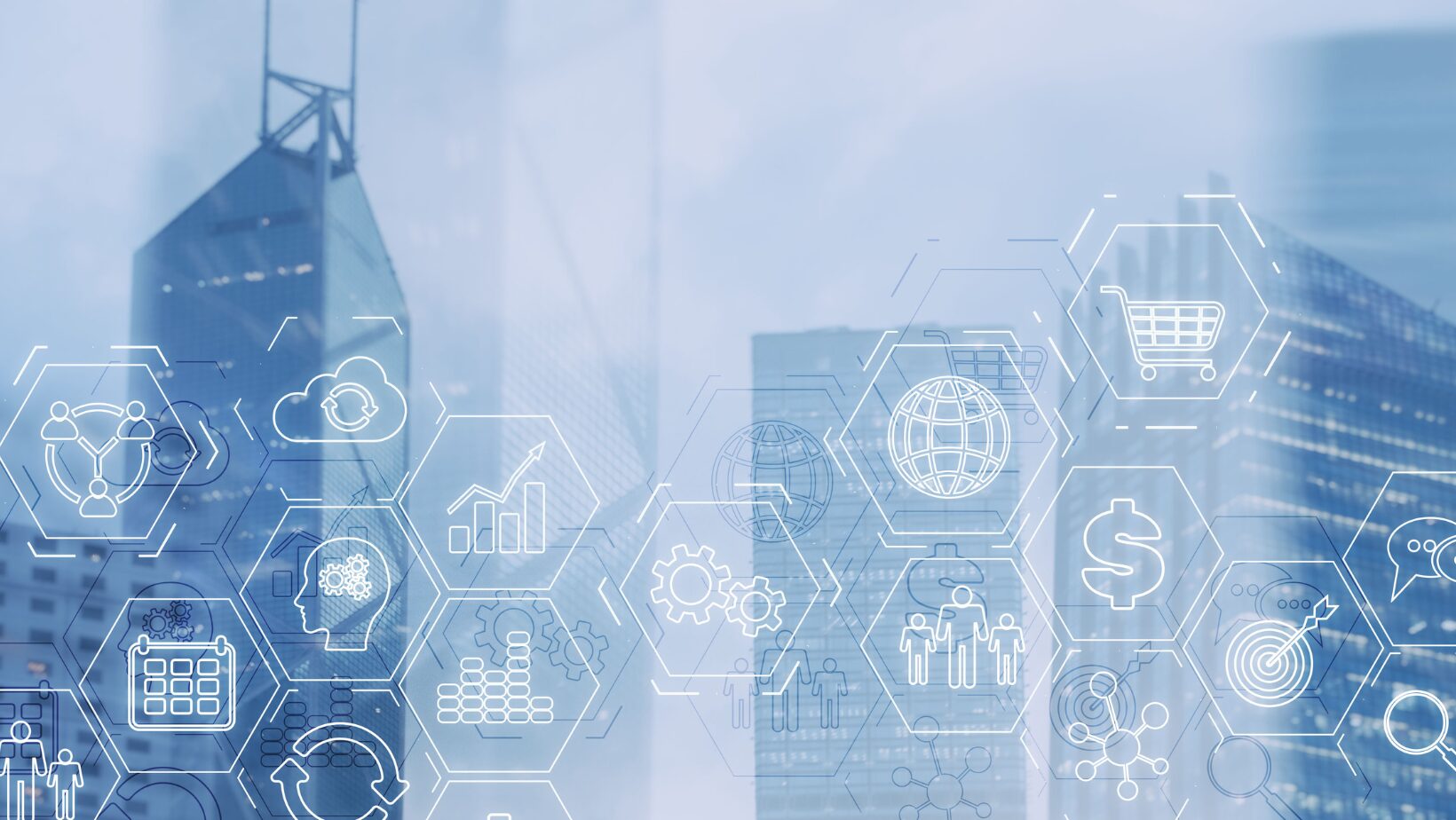 Abstract visualization of interconnected business systems representing organizational risk and governance