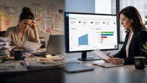 Neutral workplace investigations compared to internal processes, showing disorganized manual investigation workflow versus structured Work Shield dashboard for high-risk workplace investigations