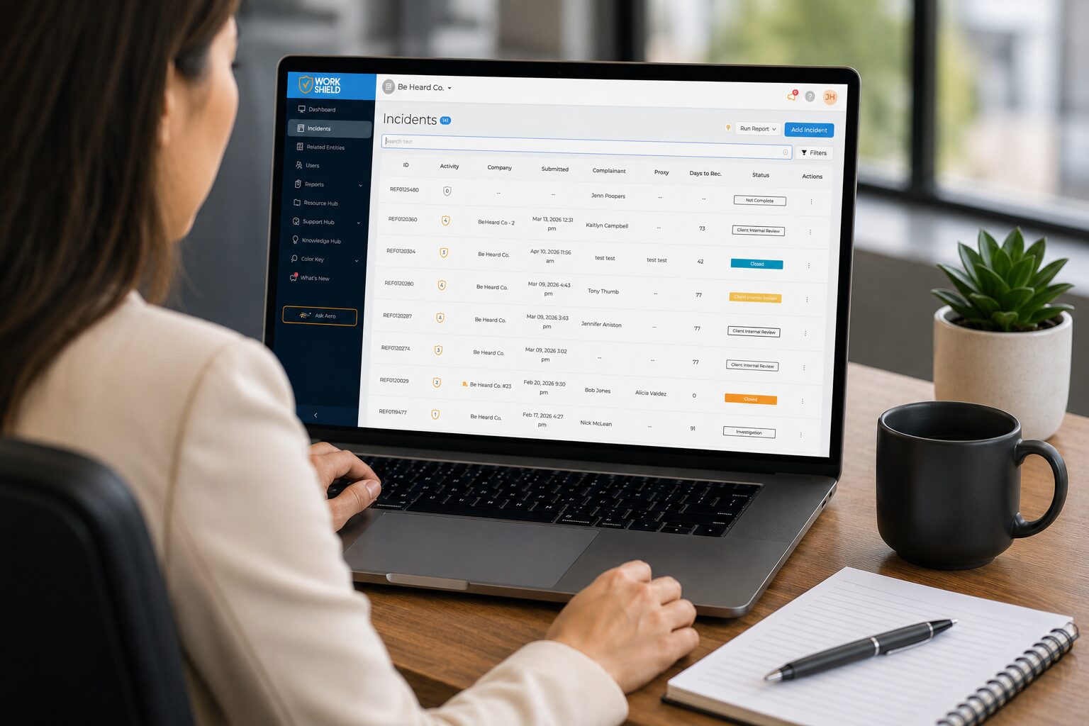 HR professional reviewing a workplace complaint in an incident management platform before determining whether a third-party workplace investigation is appropriate.
